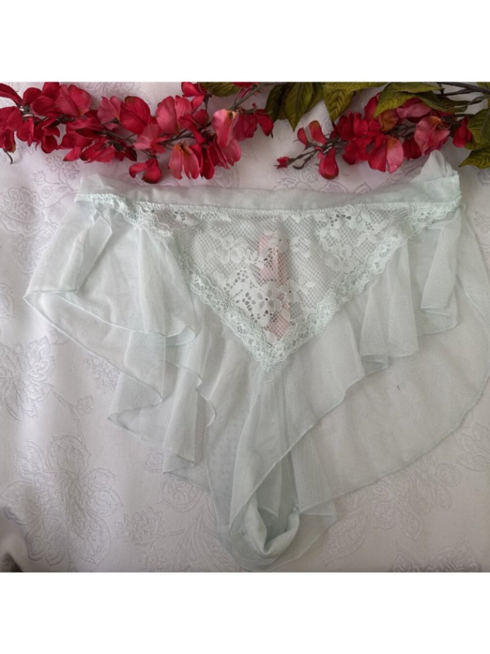 VICTORIA'S SECRET S DREAM ANGELS FLOWY RUFFLE CHEEKY LIGHT BLUE SEXY PANTIES NWT - Picture 7 of 7